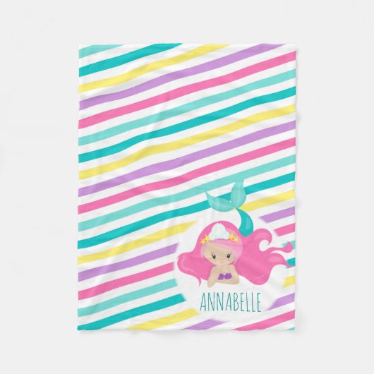 Zeemeermin Princess Kinder Roze Paarse Blauwe Stre Fleece Deken (Voorkant)