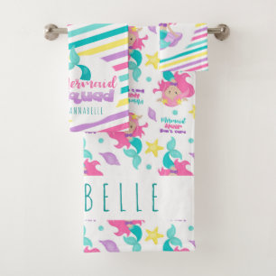 Zeemeermin Princess Squad Roze Blauw Gele Strepen Bad Handdoek
