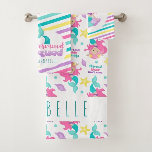 Zeemeermin Princess Squad Roze Blauw Gele Strepen Bad Handdoek (Insitu)