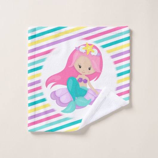 Zeemeermin Princess Squad Roze Blauw Gele Strepen Bad Handdoek (Wasdoekje)