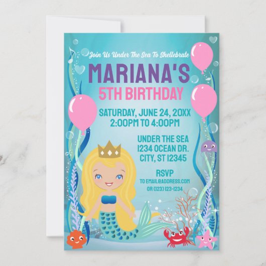 Zeemeermin Prinses Feest (blond haar) Kaart (Voorkant)