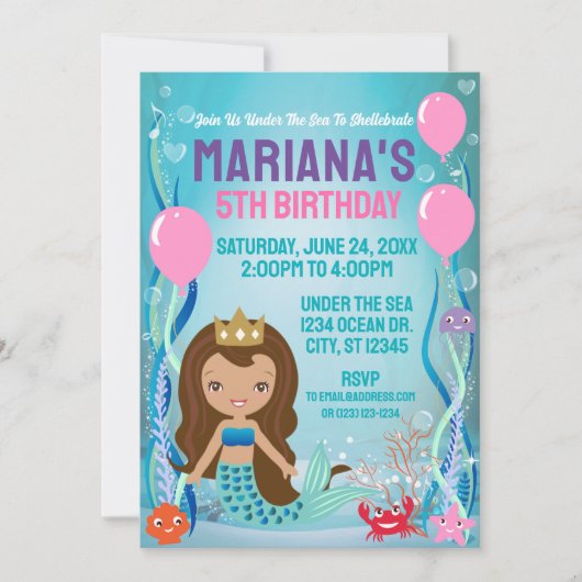 Zeemeermin Prinses Feest (bruin haar) Kaart (Voorkant)