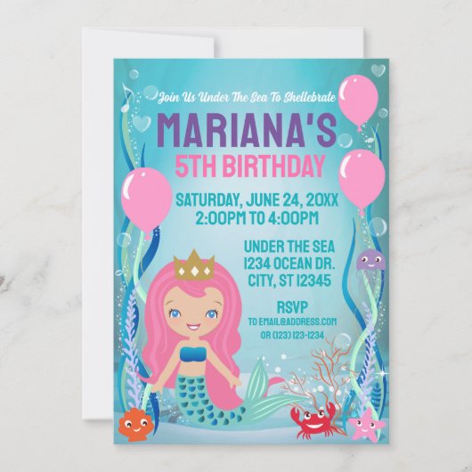 Zeemeermin Prinses Feest (roze haar) Kaart (Voorkant)