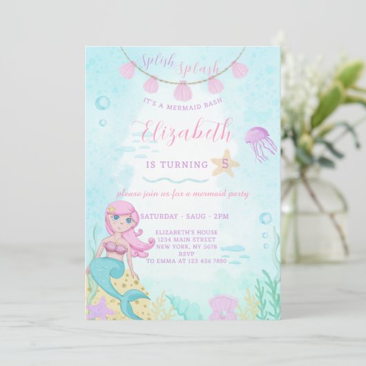 Zeemeermin Prinses Verjaardag Uitnodiging (Staand voorkant)