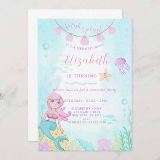 Zeemeermin Prinses Verjaardag Uitnodiging (Voorkant / Achterkant)