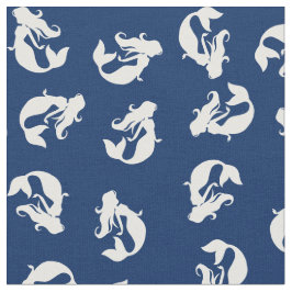 Zeemeermin Print Stof marine blauw en wit