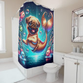 "Zeemeermin Pug Puppy - grillige fantasiekunst" Douchegordijn (In situ)