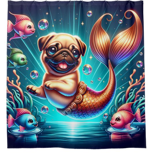 "Zeemeermin Pug Puppy - grillige fantasiekunst" Douchegordijn (Voorkant)