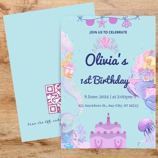 Zeemeermin QR Code onder zee 1st Birthday Invitati Kaart