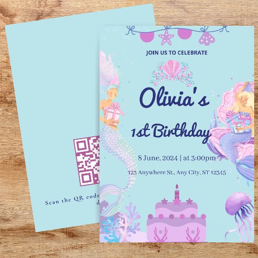 Zeemeermin QR Code onder zee 1st Birthday Invitati Kaart