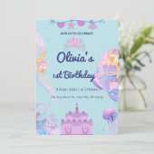 Zeemeermin QR Code onder zee 1st Birthday Invitati Kaart (Staand voorkant)