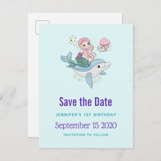 Zeemeermin Rijden een Dolfijn Fantasy Save the Dat Uitnodiging Briefkaart (Voorkant / Achterkant)