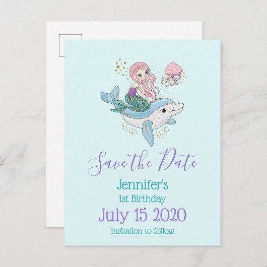 Zeemeermin Rijden een Dolfijn Fantasy Save the Dat Uitnodiging Briefkaart (Voorkant / Achterkant)