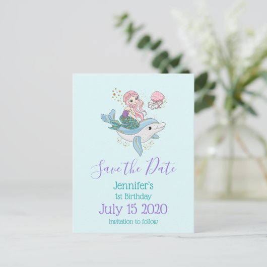 Zeemeermin Rijden een Dolfijn Fantasy Save the Dat Uitnodiging Briefkaart (Staand voorkant)