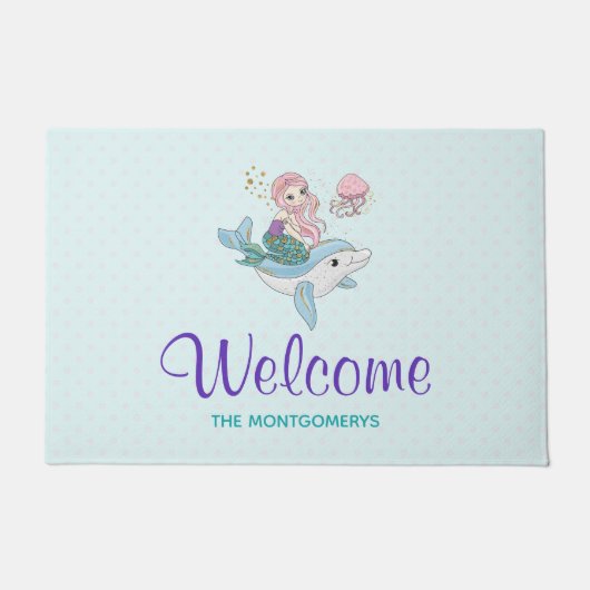 Zeemeermin Rijden een Dolfijn Onder het Zee Welkom Deurmat (Voorkant)