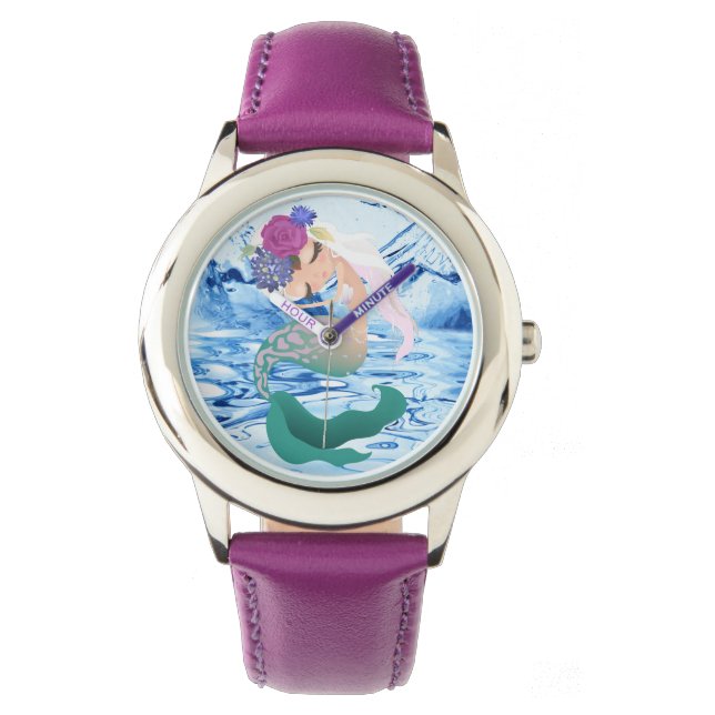 Zeemeermin - roestvrij stalen roze lederen riem horloge (Voorkant)