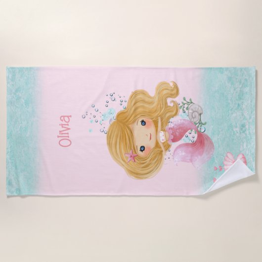 Zeemeermin roze blauw blond haar meisje naam stran strandlaken (Voorkant)