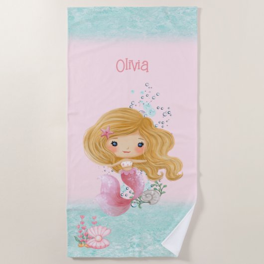 Zeemeermin roze blauw blond haar meisje naam stran strandlaken (Voorkant)