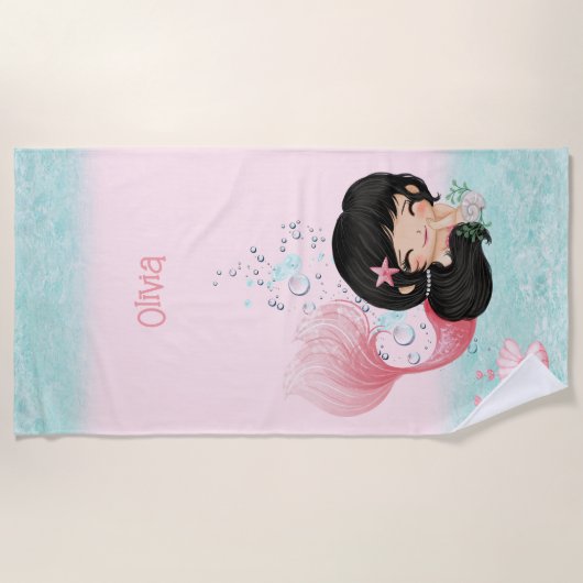 Zeemeermin roze blauw donker haar meisje naam stra strandlaken (Voorkant)