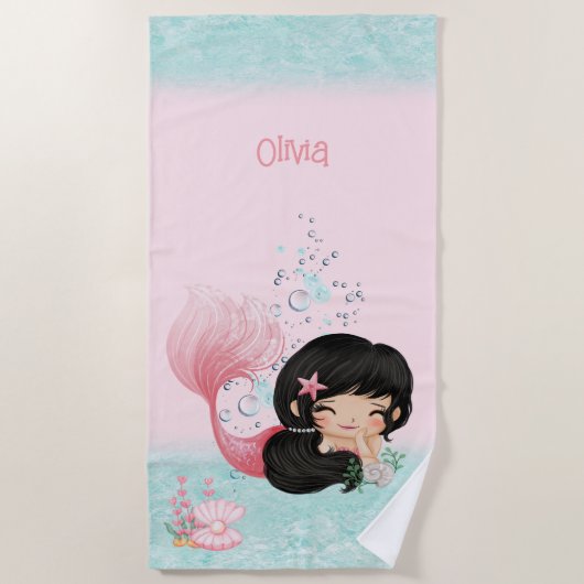 Zeemeermin roze blauw donker haar meisje naam stra strandlaken (Voorkant)