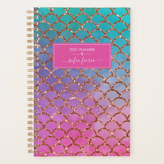Zeemeermin Roze Blauw Goud Glitter Naam 2021 Planner (Voorkant)