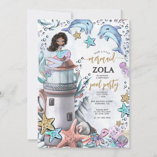 Zeemeermin Roze Blauw Verjaardag Pool Party Kaart (Voorkant)