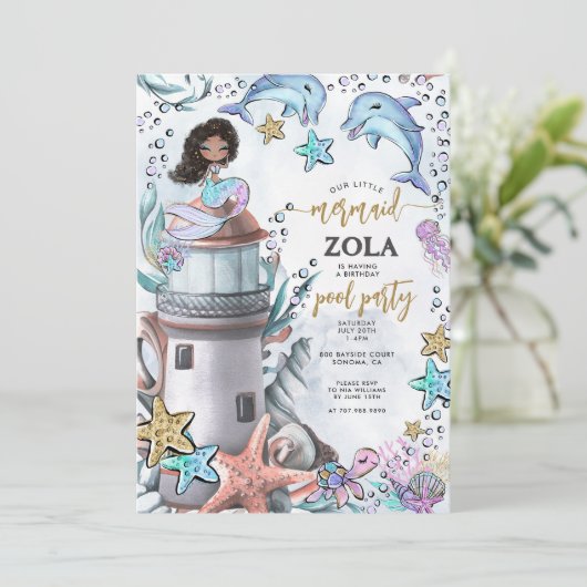 Zeemeermin Roze Blauw Verjaardag Pool Party Kaart (Staand voorkant)