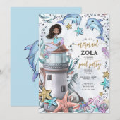 Zeemeermin Roze Blauw Verjaardag Pool Party Kaart (Voorkant / Achterkant)