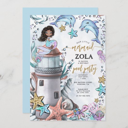 Zeemeermin Roze Blauw Verjaardag Pool Party Kaart (Voorkant / Achterkant)