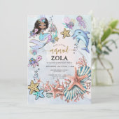 Zeemeermin Roze Blauw Verjaardag Uitnodiging (Staand voorkant)