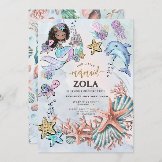 Zeemeermin Roze Blauw Verjaardag Uitnodiging (Voorkant / Achterkant)