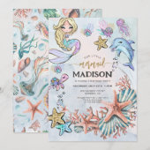 Zeemeermin Roze Blauw Verjaardag Uitnodiging (Voorkant / Achterkant)