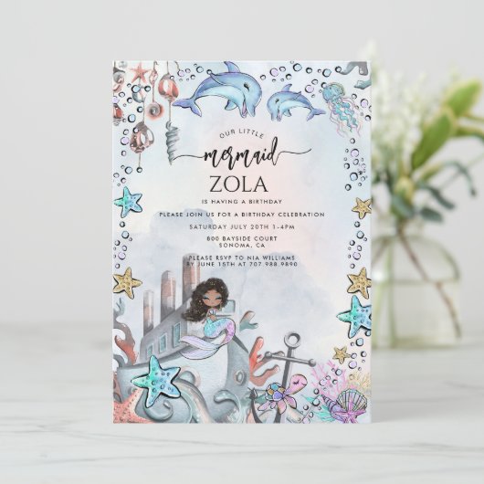 Zeemeermin Roze Blauw Verjaardagsfeest Kaart (Staand voorkant)