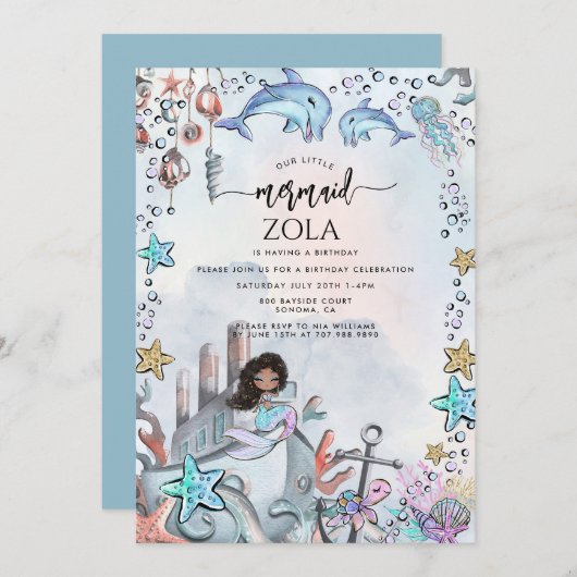 Zeemeermin Roze Blauw Verjaardagsfeest Kaart (Voorkant / Achterkant)
