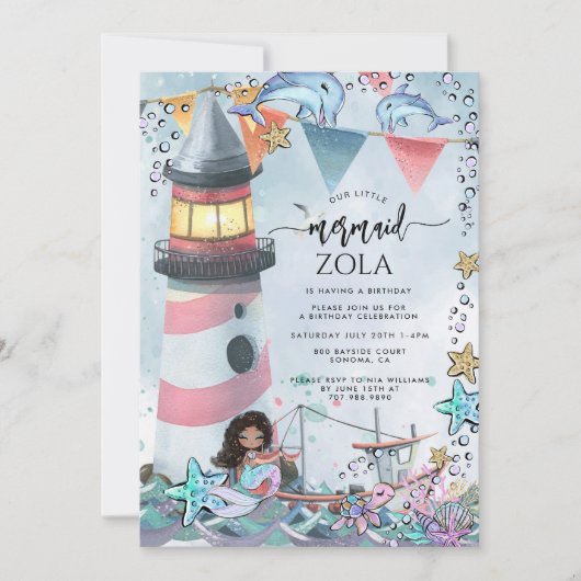 Zeemeermin Roze Blauw Verjaardagsfeest Kaart (Voorkant)