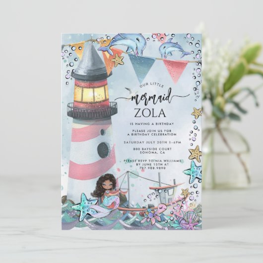 Zeemeermin Roze Blauw Verjaardagsfeest Kaart (Staand voorkant)