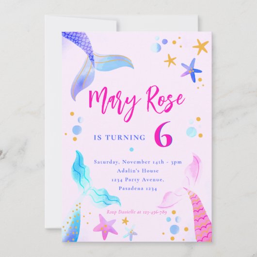 Zeemeermin Roze Blauw Verjaardagsfeestuitnodiging Kaart (Voorkant)