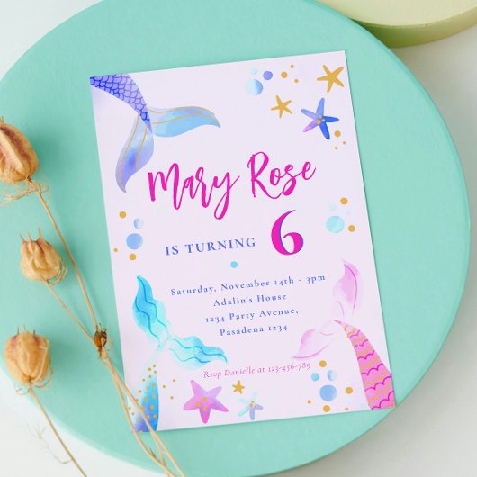 Zeemeermin Roze Blauw Verjaardagsfeestuitnodiging Kaart