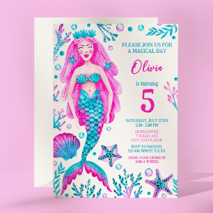 Zeemeermin Roze en Turquoise Meisje Verjaardagsfee Kaart