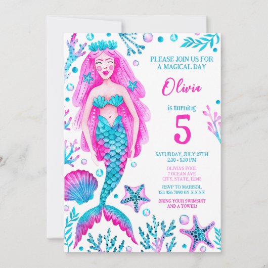 Zeemeermin Roze en Turquoise Meisje Verjaardagsfee Kaart (Voorkant)