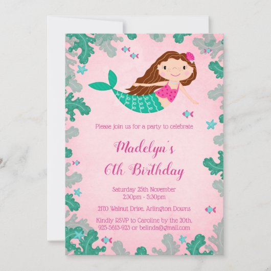 Zeemeermin roze onder het Zee Verjaardagsuitnodigi Kaart (Voorkant)