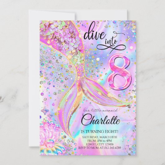 Zeemeermin Roze Paarse Duik In Acht Verjaardag Kaart (Voorkant)