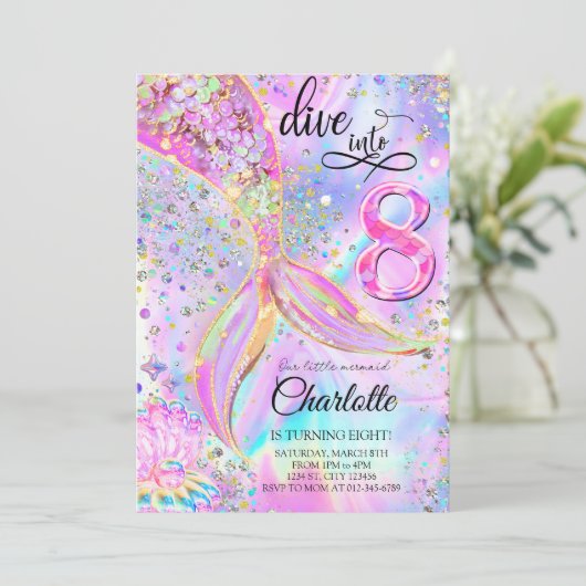 Zeemeermin Roze Paarse Duik In Acht Verjaardag Kaart (Staand voorkant)
