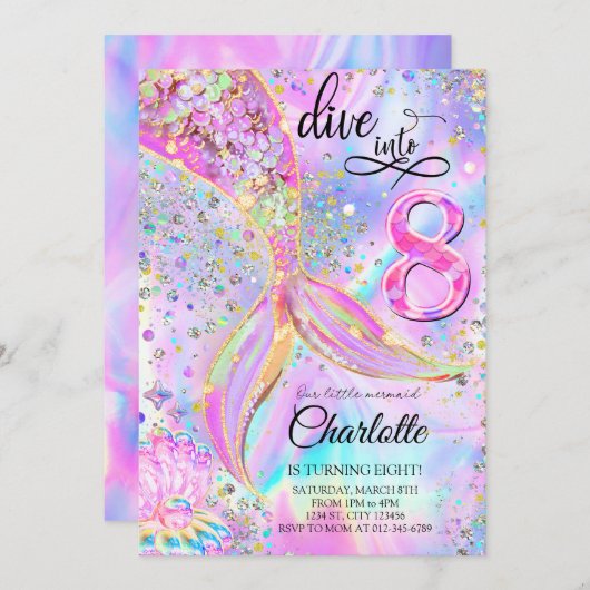 Zeemeermin Roze Paarse Duik In Acht Verjaardag Kaart (Voorkant / Achterkant)