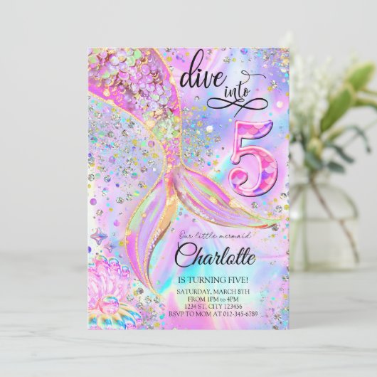 Zeemeermin Roze Paarse Duik in Vijf 5e Verjaardag Kaart (Staand voorkant)