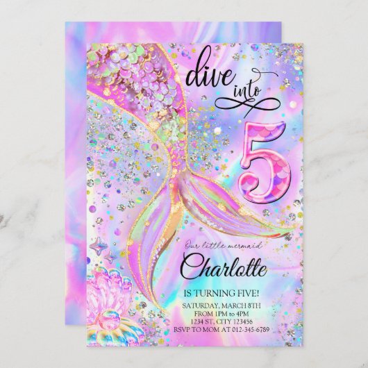 Zeemeermin Roze Paarse Duik in Vijf 5e Verjaardag Kaart (Voorkant / Achterkant)