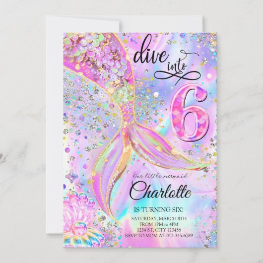 Zeemeermin Roze Paarse Duik In Zes 6e Verjaardag Kaart (Voorkant)