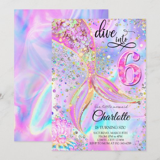 Zeemeermin Roze Paarse Duik In Zes 6e Verjaardag Kaart (Voorkant / Achterkant)