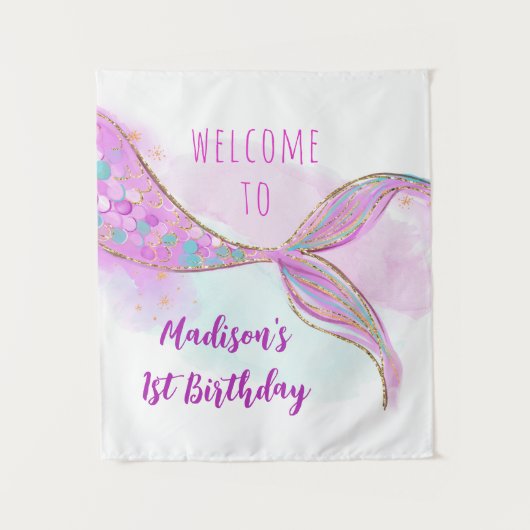 Zeemeermin Roze Paarse Gouden Verjaardagsachtergro Wandkleed (Voorkant)