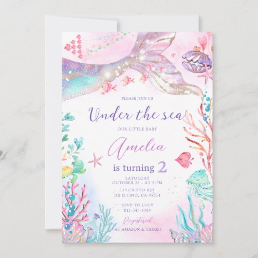 Zeemeermin Roze Paarse onder het Zee Verjaardag Kaart (Voorkant)